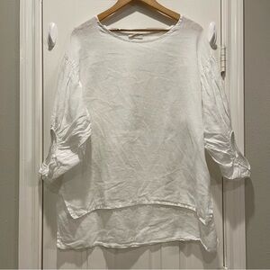 BELLAMBRA Women Large Linen Top Tunic White Balloon Sleeve Made in Italy Coastal